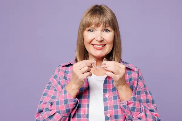 woman proudly showing off her teeth straightening for adults treatment, invisalign
